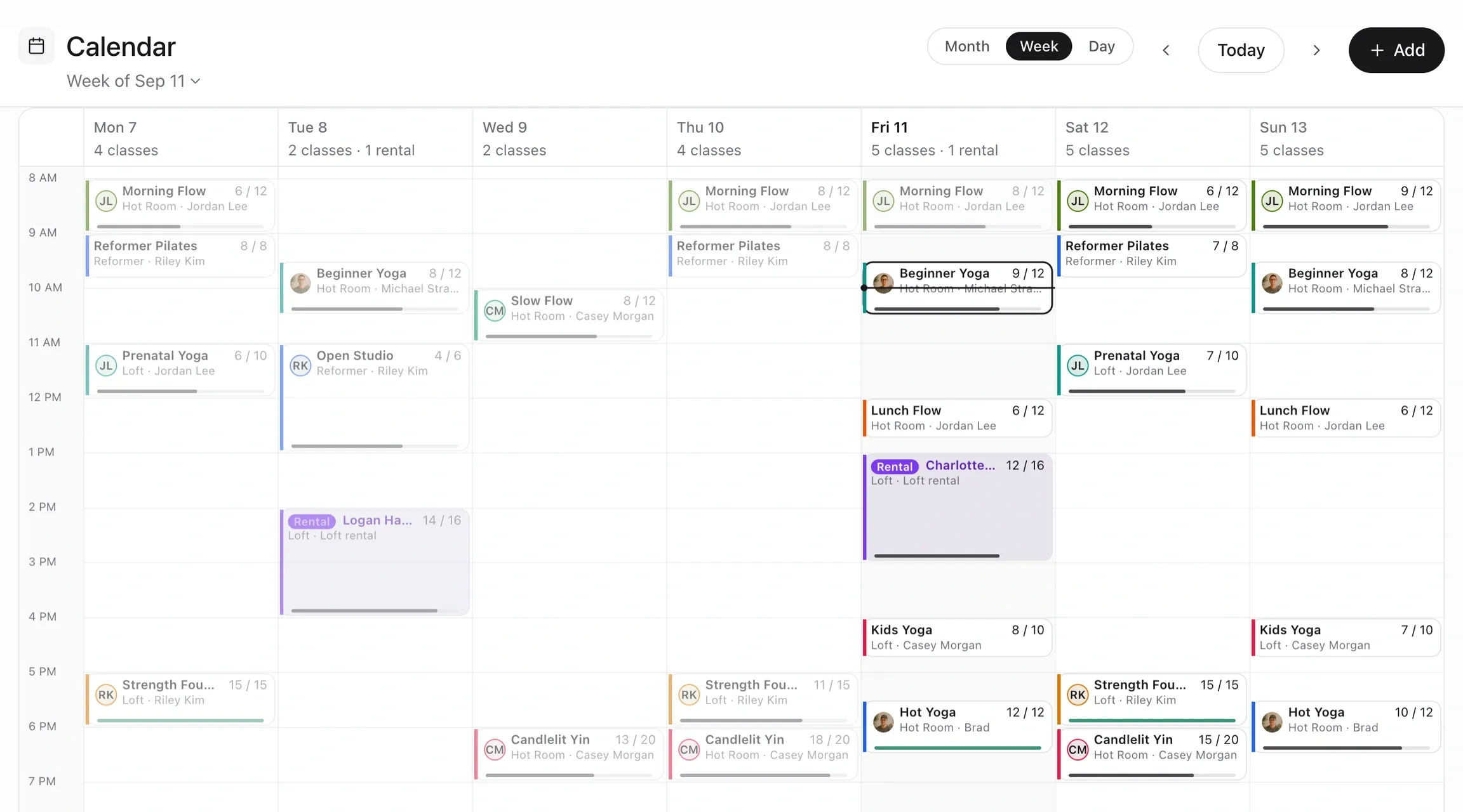 The console calendar, week view: classes and a booked room rental across seven days, each chip naming its room, instructor and how full it is