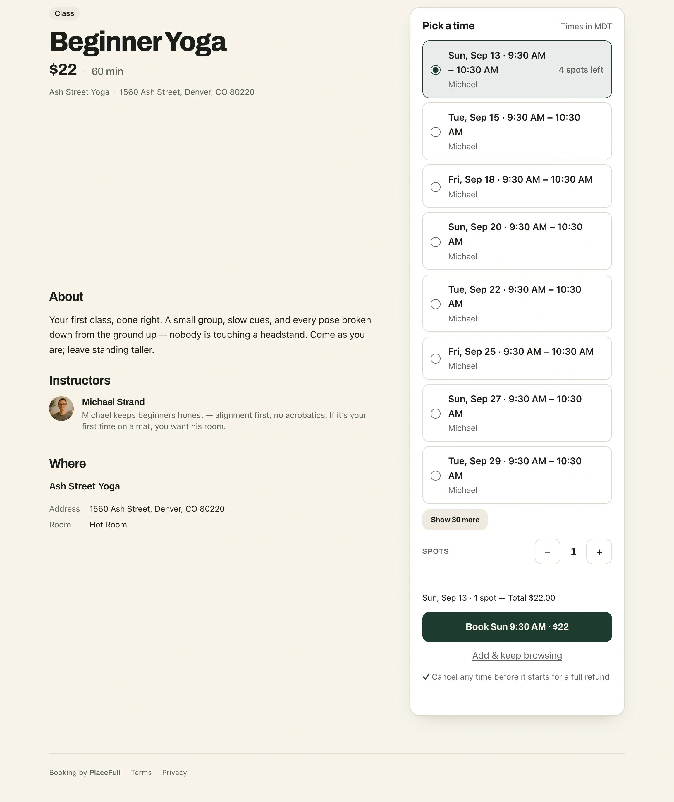 A booking page with live availability and spots remaining