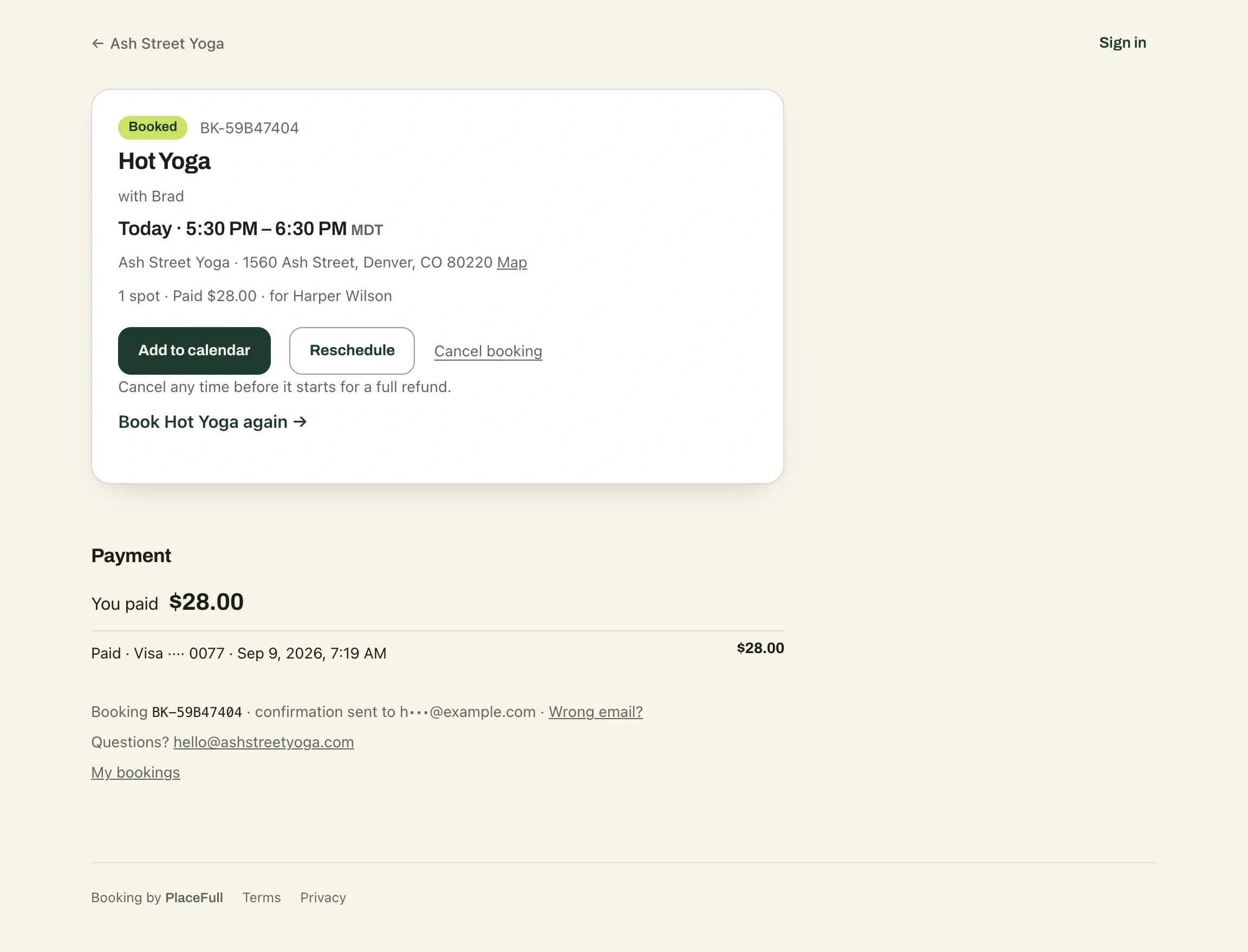 The manage-booking page: confirmed booking with reschedule and calendar options